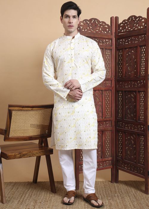 Cream Printed Kurta Pajama In Cotton