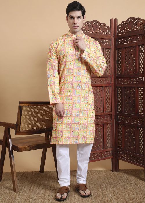 Yellow Cotton Printed Kurta Pajama