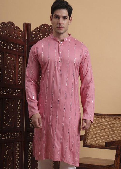 Pink Readymade Embroidered Men Kurta