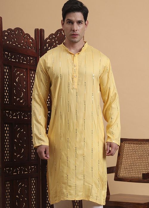 Yellow Readymade Embroidered Men Kurta
