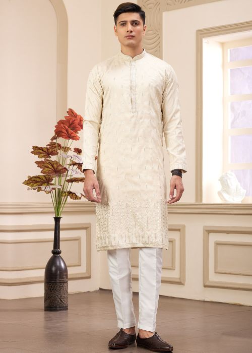 Cream Embroidered Men Kurta Pajama