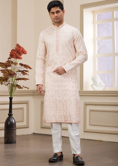 Light Pink Embroidered Men Kurta Pajama