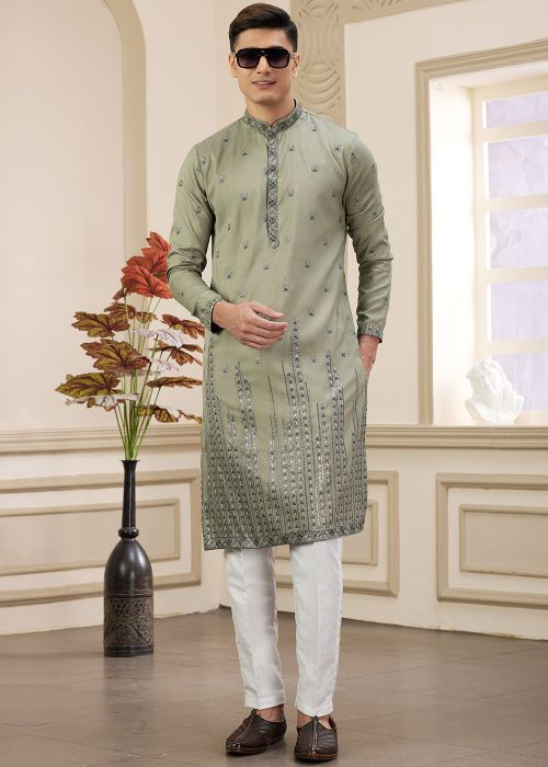 Grey Sequin Work Kurta Pajama In Art Silk