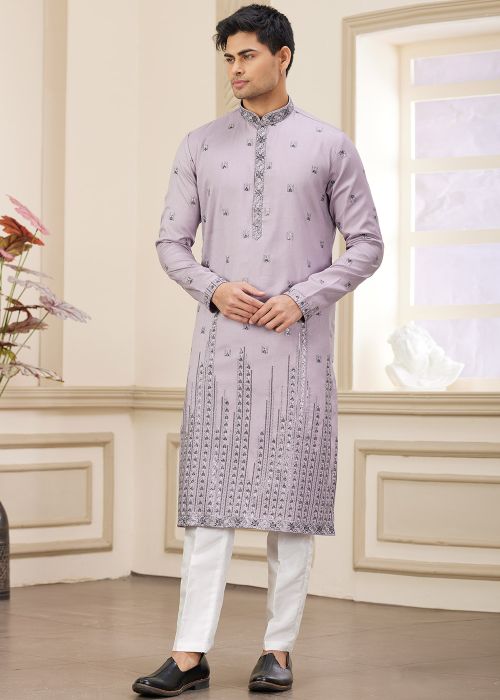 Purple Embroidered Art Silk Kurta Pajama