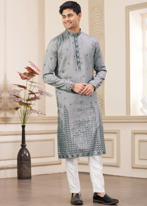Grey Sequin Work Kurta Pajama In Art Silk