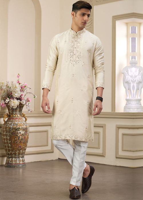 Cream Embroidered Men Kurta Pajama