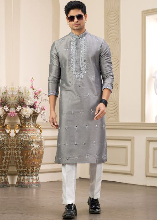 Grey Sequin Work Kurta Pajama In Banarasi Silk
