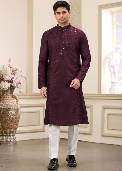 Wine Embroidered Banarasi Silk Kurta Pajama