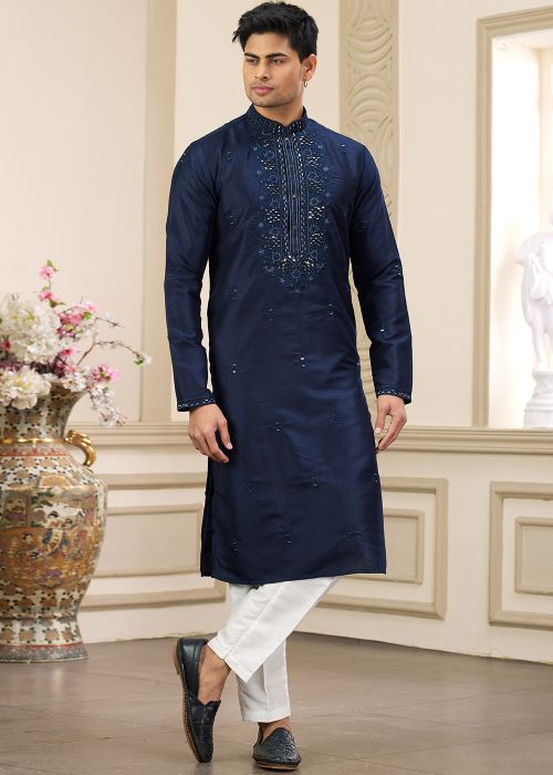 Blue Embroidered Men Kurta Pajama
