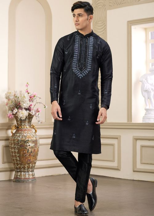 Black Embroidered Men Kurta Pajama