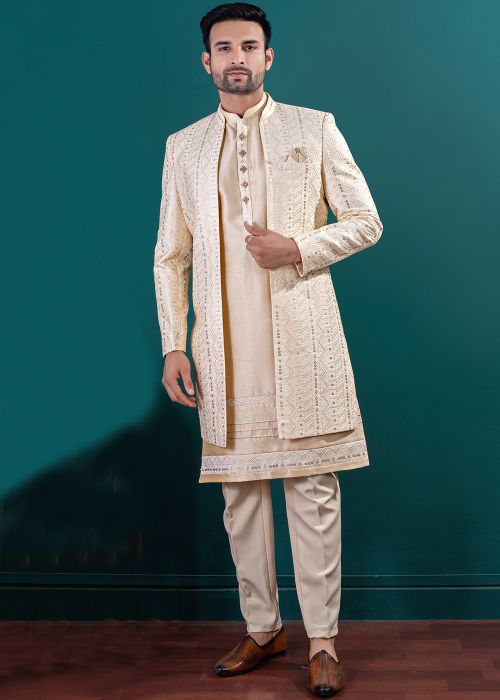 Light Golden Embroidered Jacketed Kurta Pant