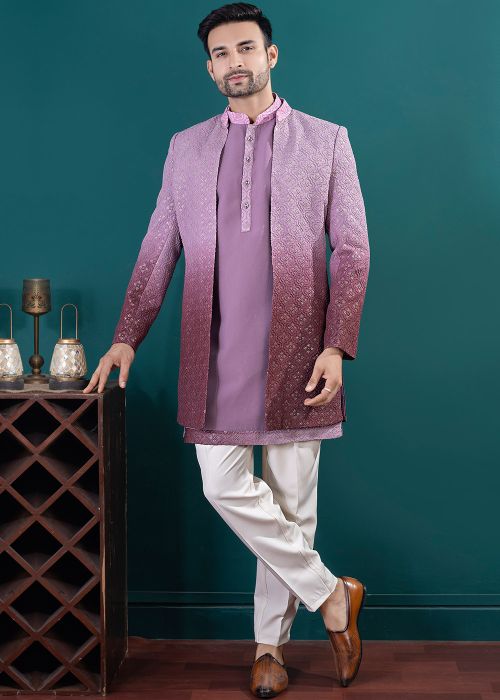 Lavender Jacketed Embroidered Kurta Pant Set