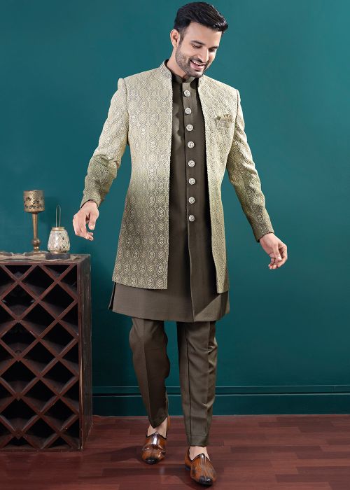 Mehendi Green Jacketed Embroidered Indo Western Sherwani