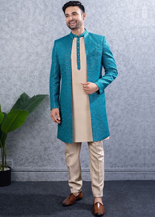 Light Golden Jacket Embroidered Kurta With Pant