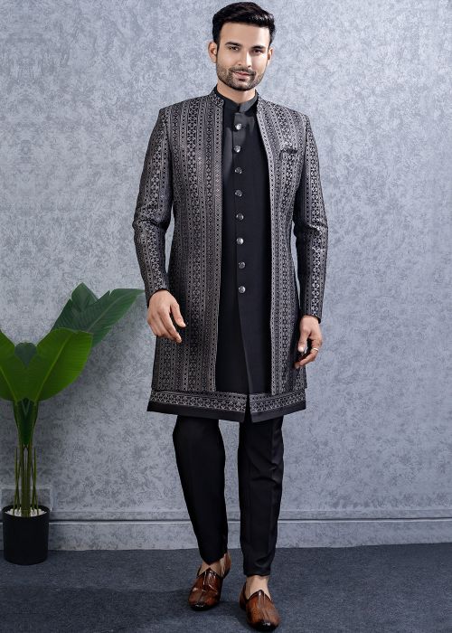 Black Embroidered Jacket Indo Western Sherwani