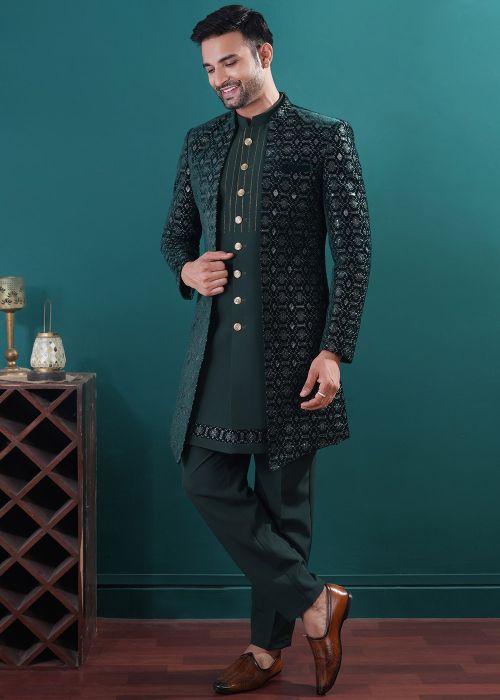 Green Embroidered Jacketed Kurta Pant Set
