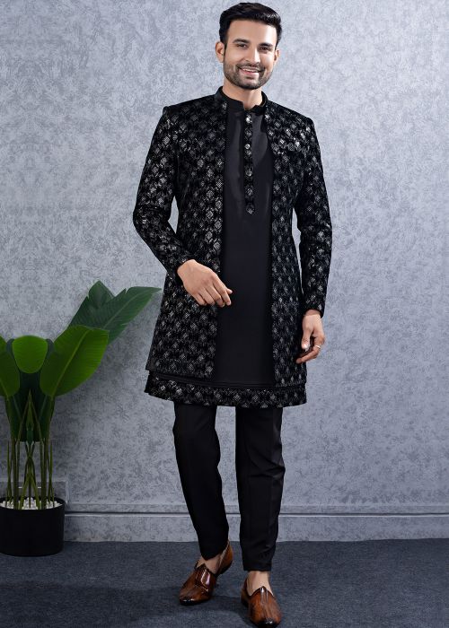 Black Embroidered Jacketed Kurta Pant Set