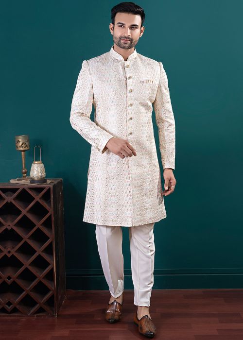 Cream Embroidered Indo Western Sherwani