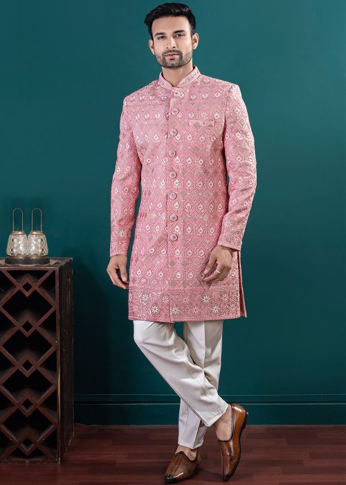 Peach Embroidered Indo Western Sherwani