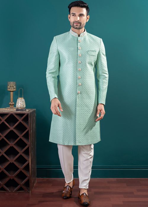 Aqua Green Embroidered Indo Western Sherwani