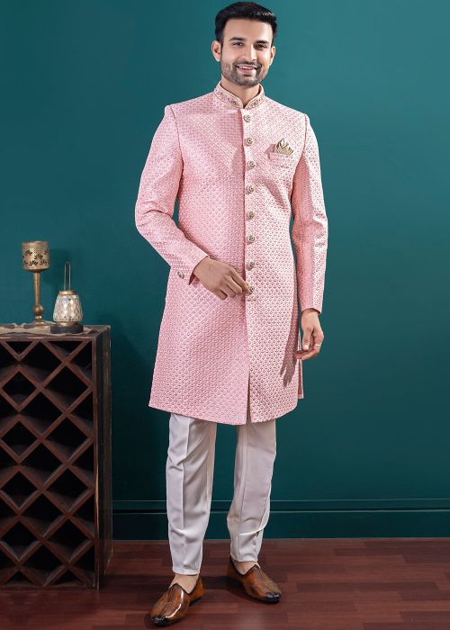 Peach Embroidered Indo Western Sherwani