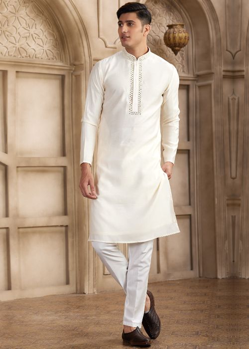 Cream Mirror Work Kurta Pajama