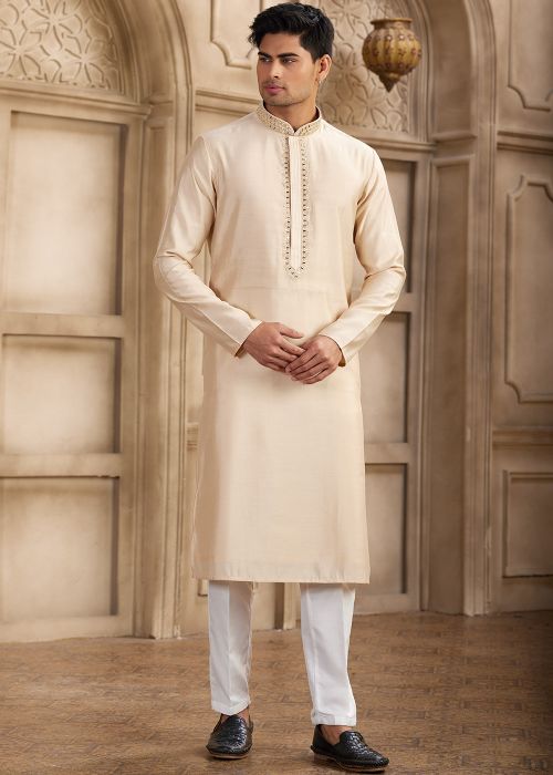 Cream Mirror Work Men Kurta Pajama