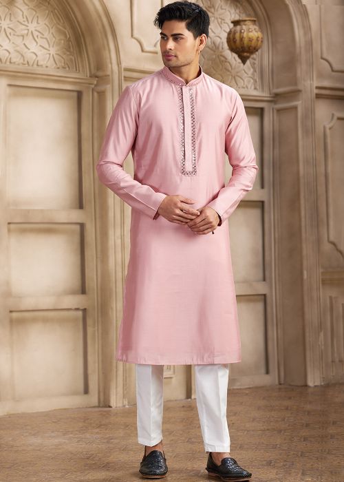 Pink Embroidered Men Kurta Pajama