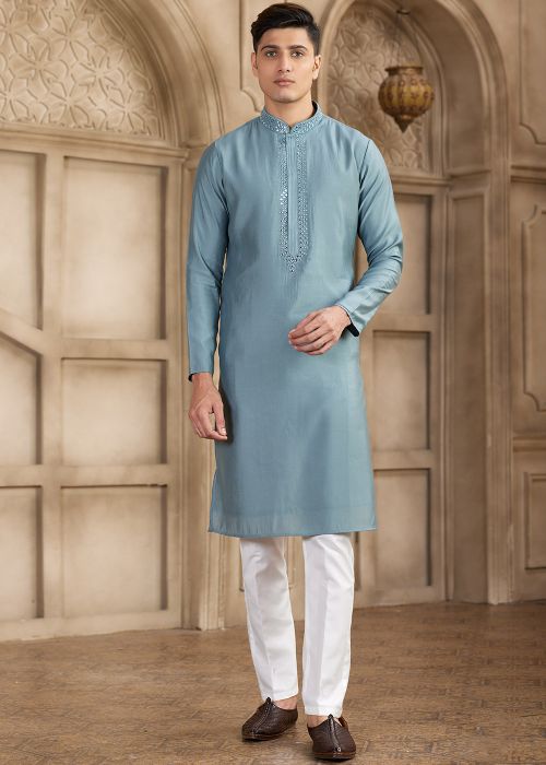 Blue Men Kurta Pajama In Mirror Work