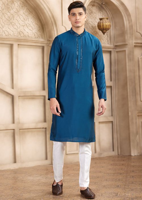 Blue Mirror Work Kurta Pajama In Banarasi Silk