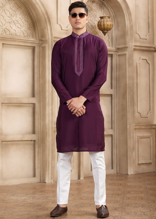 Purple Mirror Work Men Kurta Pajama