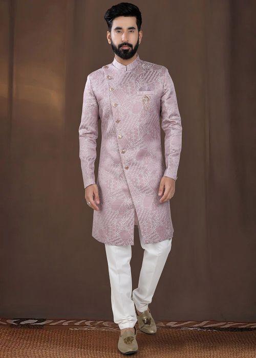 Mauve Pink Woven Men Indo Western Sherwani
