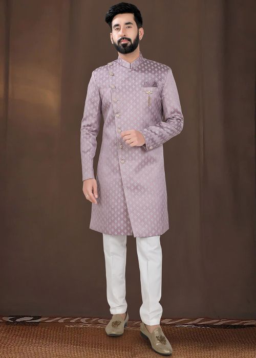 Mauve Pink Woven Indo Western Sherwani Set