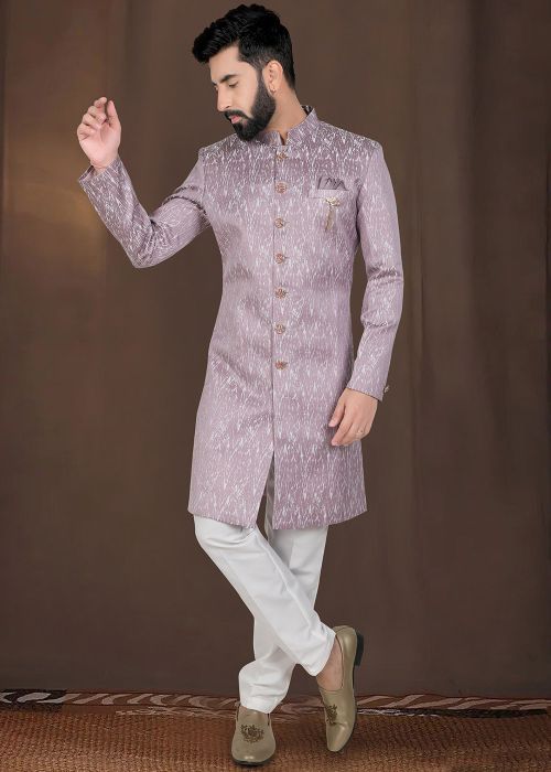 Mauve Pink Woven Indo Western Sherwani Set