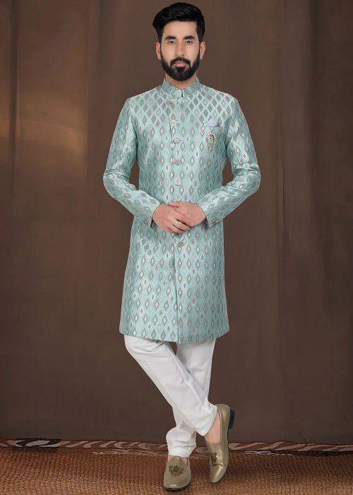 Turquoise Readymade Woven Indo Western Sherwani