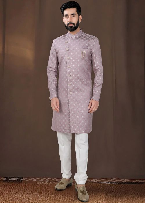 Readymade Mauve Pink Woven Indo Western Sherwani