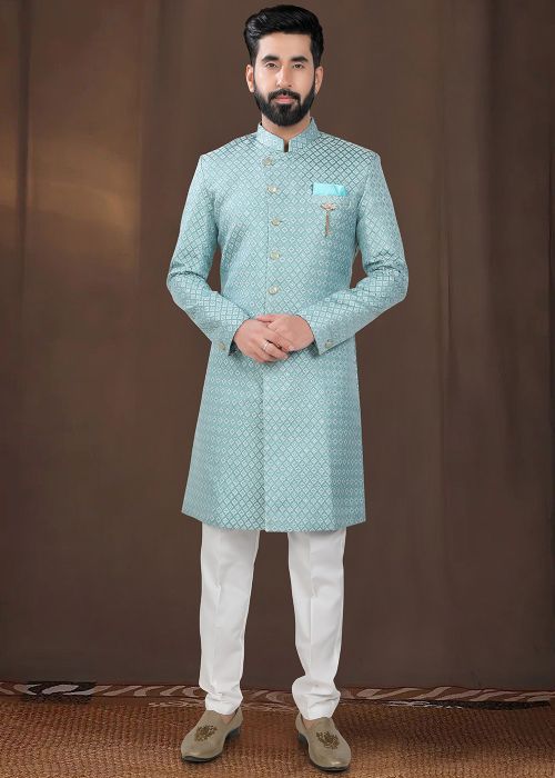 Readymade Turquoise Woven Indo Western Sherwani