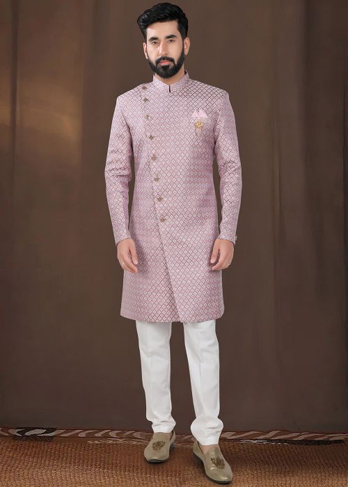 Men Mauve Pink Woven Indo Western Sherwani