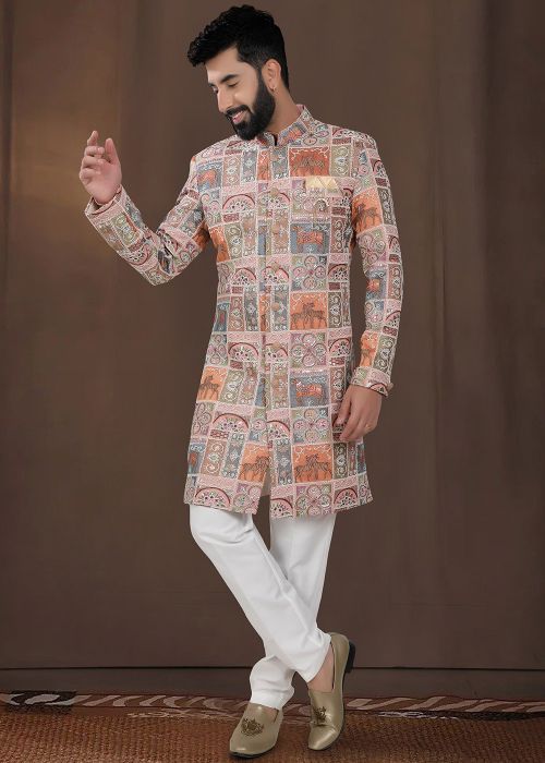 Pink Embroidered Men Indo Western Sherwani Set