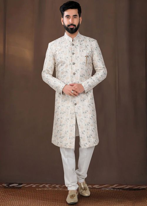 Off White Embroidered Indo Western Sherwani