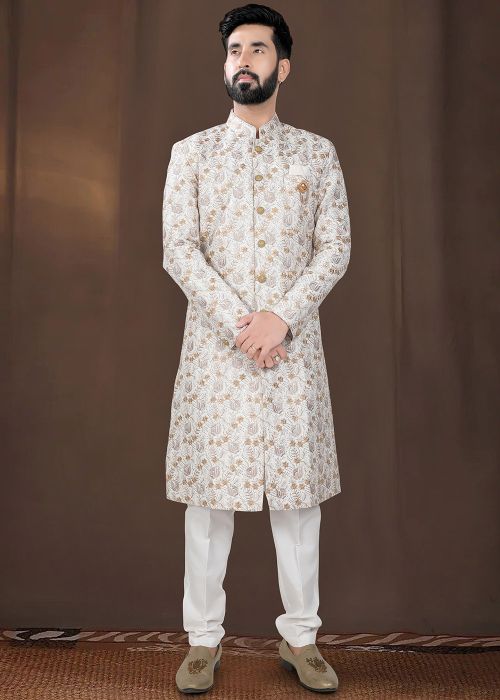 Off White Embroidered Indo Western Sherwani