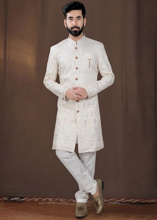 Cream Embroidered Indo Western Sherwani