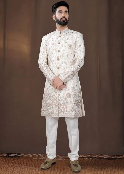 Men Off White Embroidered Indo Western Sherwani