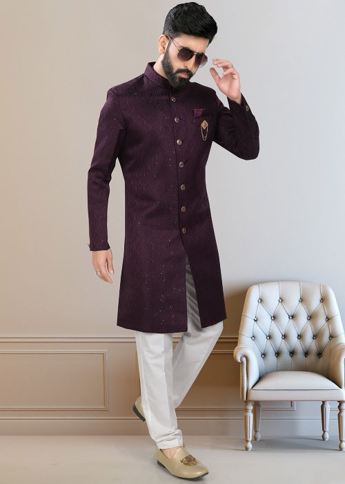 Wine Embroidered Indo Western Sherwani Set