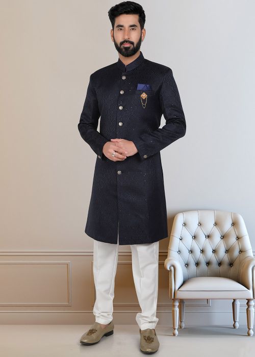Navy Blue Embroidered Indo Western Sherwani