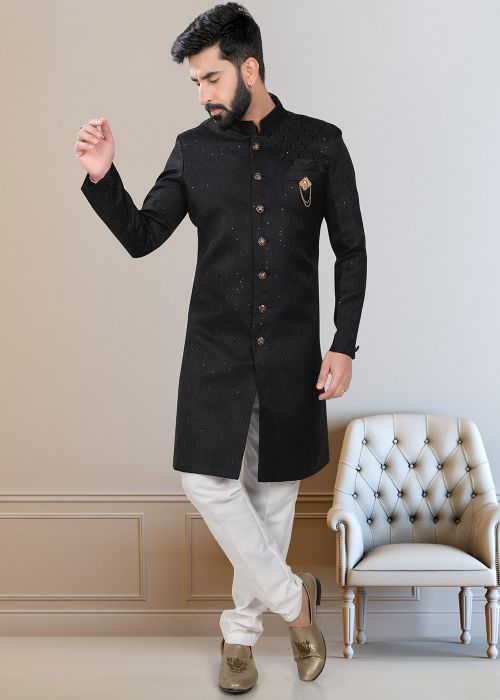 Black Embroidered Indo Western Sherwani Set