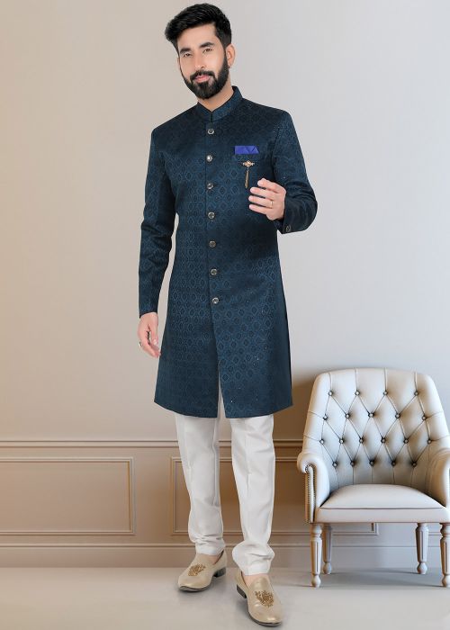 Blue Embroidered Indo Western Sherwani Set