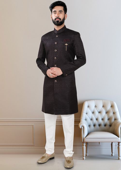 Men Black Embroidered Indo Western Sherwani Set