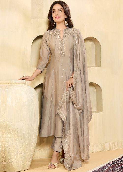 Beige Silk Anarkali Suit With Zari Detailing