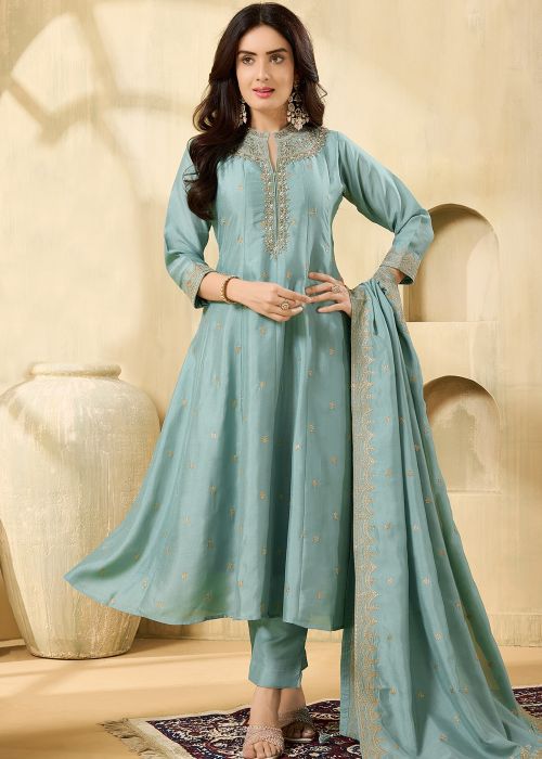 Teal Green Silk Anarkali Suit With Sequin Work